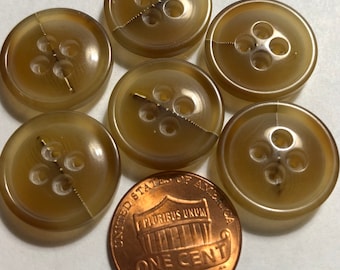 Set of 6 Vintage Rimmed Semi-translucent Brown Faux Tortoise Shell 4-hole Buttons Embedded Brass Tone Wire? Accent 18mm 11/16" 12072