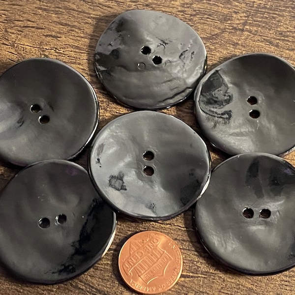 Set of 6 Large Glossy Light Weight Very Dark Lustrous Gray (NOT BLACK!!!) Hematite Look Plastic 2-hole Sew-through Buttons 39mm 1 1/2" 12877