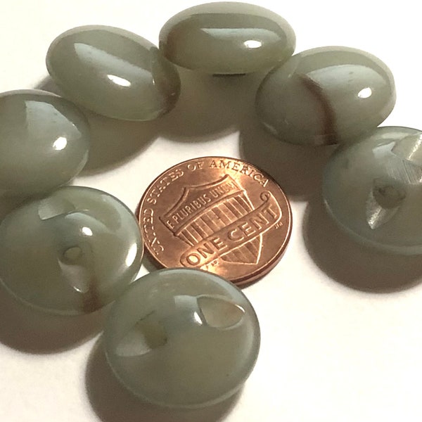 Set of 7 Beautiful Vintage Domed Glossy Very Muted Green With Brown Streaks Plastic Self-shank Buttons 18mm 11/16" 12038