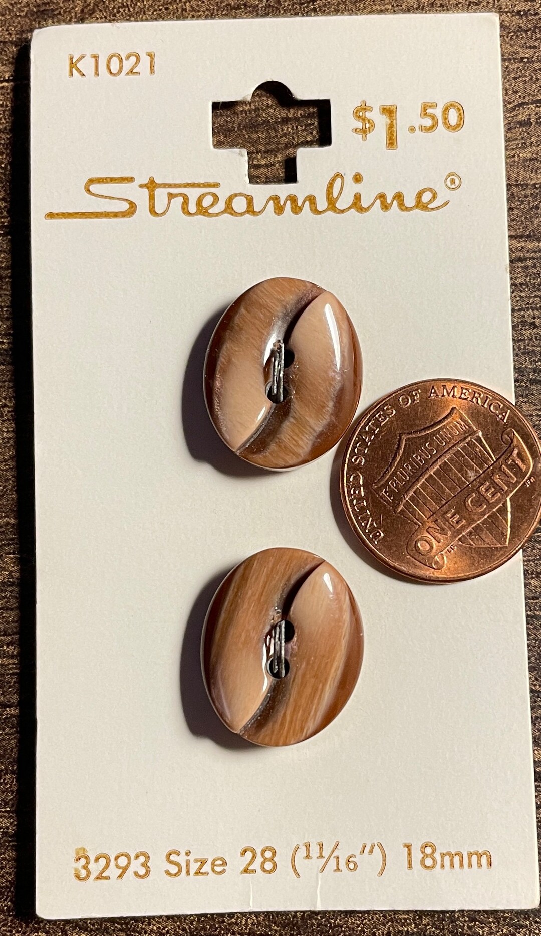Stream Line Sewing Buttons Numbers Set of 2 Vintage on Card Streamline Oval Glossy Brown Sew-through 2 ...