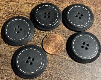Set of 5 Vintage NOS Beveled Edge Black 4-hole Sew-through Plastic Buttons 28mm 1&1/8" 15897