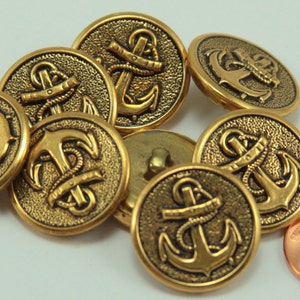Lot of 8 Antiqued Brass Tone Nautical Anchor Metal Buttons 7/8&quot; 23mm (#6138)