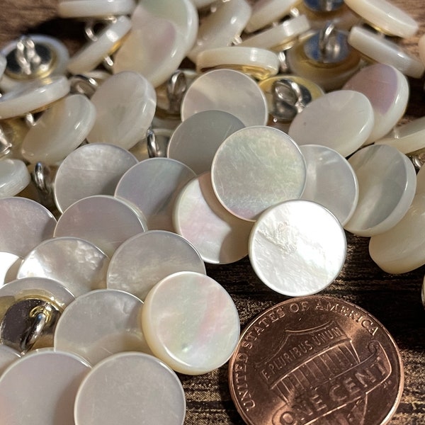 8 Pc Only! Vintage Iridescent Cream Mother of Pearl MOP Natural Shell Metal Shank Buttons 11mm 7/16" 12855