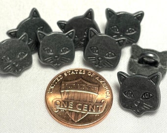 Lot of 8 Unusual Small Gunmetal Gray Metal Shank Buttons Almost 1/2" 12mm Wide Kitty Cat Animal Face 9542