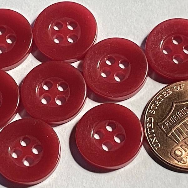 Set of 8 Vintage Glossy Dark Muted Red 4-hole Sew-through Plastic Buttons 13mm Just Over 1/2" 13269