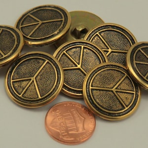 Lot of 8 Antiqued Brass Tone Peace Sign Metal Buttons 7/8" 23mm 6257