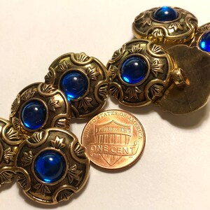 Set of 8 Beautiful Vintage Domed Antique Gold & Sapphire Blue Cabochon Metallized Electroplated Plastic Shank Buttons 21mm 13/16 12594 image 4