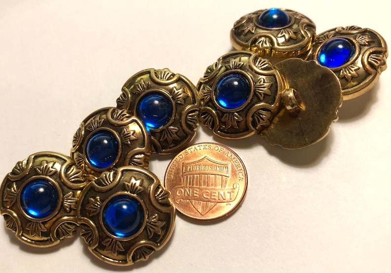 Set of 8 Beautiful Vintage Domed Antique Gold & Sapphire Blue Cabochon Metallized Electroplated Plastic Shank Buttons 21mm 13/16 12594 image 4