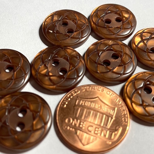 8 Vintage Carved Glossy Pearlized Golden Brown 2-hole Sew-through Plastic Buttons 5/8" 15.5mm 13281