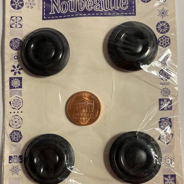 Set of 4 Vintage Nouveaute Carded Large Black Plastic Shank Buttons 1&1/16" 27mm 13521
