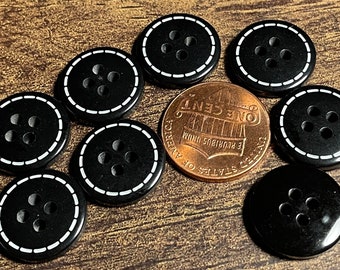 8 Glossy Black With White Accent 4-hole Sew-through Plastic Buttons Almost 5/8" 15.5mm 12971