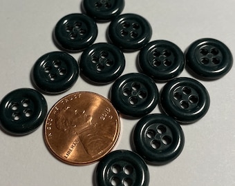 Lot of 12 Vintage Small Rimmed Glossy Dark Green Plastic 4-hole Sew-through Buttons 1/2" 13mm 13500