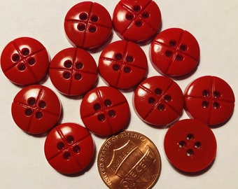 Lot of 12 Slightly Domed Top Red Glossy Plastic Sew-through 4-hole Buttons Almost 5/8" 15mm # 7795