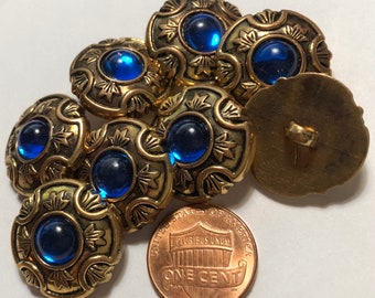 Set of 8 Beautiful Vintage Domed Antique Gold & Sapphire Blue Cabochon Metallized Electroplated Plastic Shank Buttons 21mm 13/16" 12594