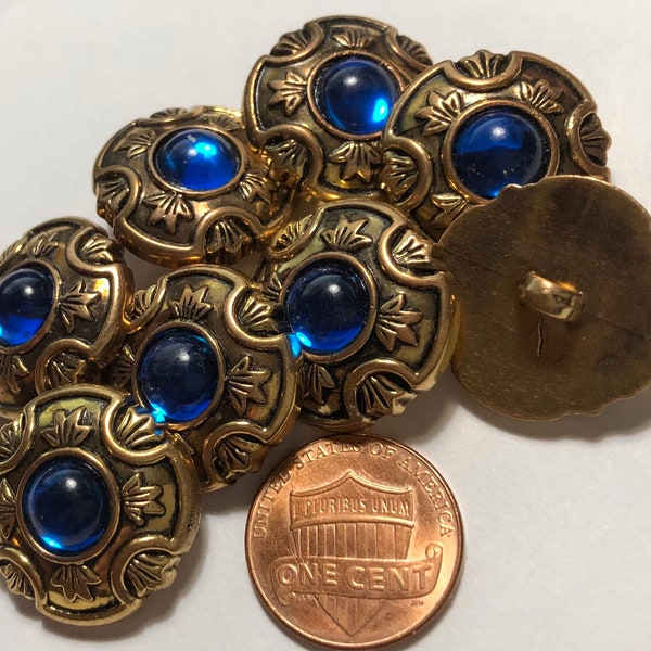 Set of 8 Beautiful Vintage Domed Antique Gold & Sapphire Blue Cabochon Metallized Electroplated Plastic Shank Buttons 21mm 13/16" 12594