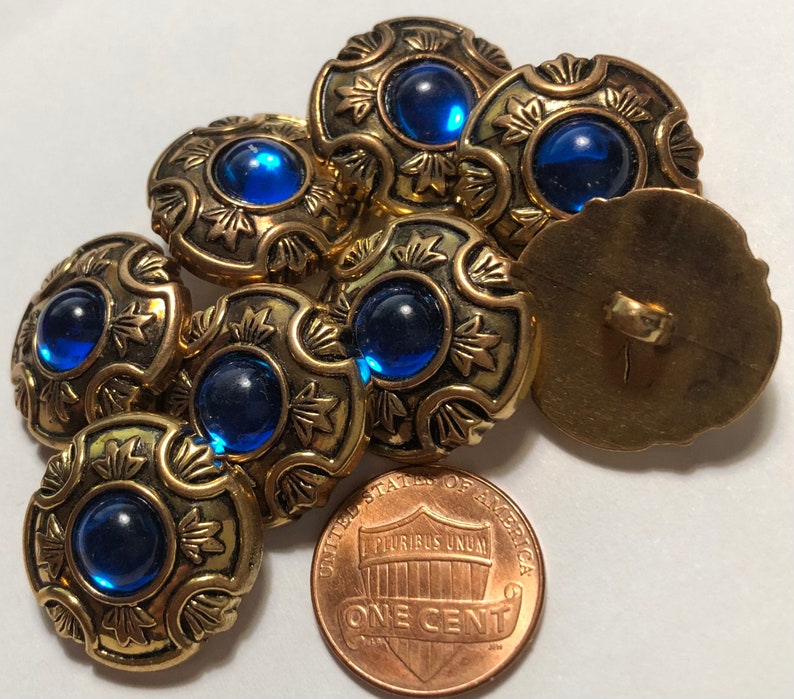 Set of 8 Beautiful Vintage Domed Antique Gold & Sapphire Blue Cabochon Metallized Electroplated Plastic Shank Buttons 21mm 13/16 12594 image 1