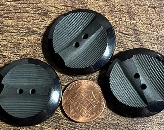 Set of 3 Vintage NOS Carved Glossy Edge Black 2-hole Sew-through Plastic Buttons 30mm 1&3/16" 15909
