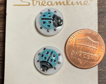 Set of 3 Vintage Streamline Blue Black Ladybug Insect White Glass Buttons 13.5mm Almost 9/16" 14472