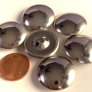 Lot of 6 Vintage NOS Domed Plain Very Shiny Polished Silver Tone Tone Metal Shank Buttons Hollow Puffed 2-Piece Construction 7/8&quot; 23mm 16055