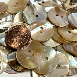 May include: A pile of round, iridescent, mother-of-pearl buttons with two holes each. The buttons are various shades of beige and brown. A US penny is included for scale.