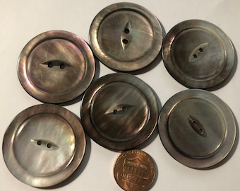 Set of 6 Vintage Matching Large Sturdy Fabulous Iridescent MOP Mother of Pearl Sew-through 4-hole Cat Eye Buttons 37mm 1 7/16" 11551