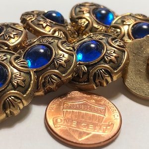 Set of 8 Beautiful Vintage Domed Antique Gold & Sapphire Blue Cabochon Metallized Electroplated Plastic Shank Buttons 21mm 13/16 12594 image 2