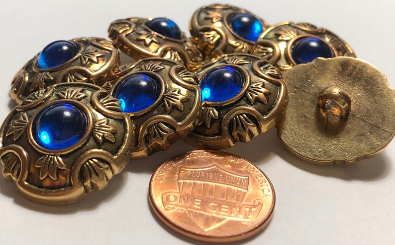 Set of 8 Beautiful Vintage Domed Antique Gold & Sapphire Blue Cabochon Metallized Electroplated Plastic Shank Buttons 21mm 13/16 12594 image 2