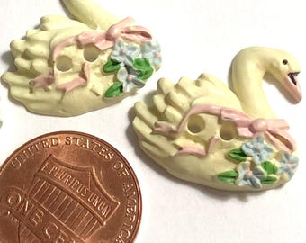 TWO JHB Hand-Painted Cream Multi-color Swan Bird 2-hole Buttons 21mm 13/16" Wide 12552