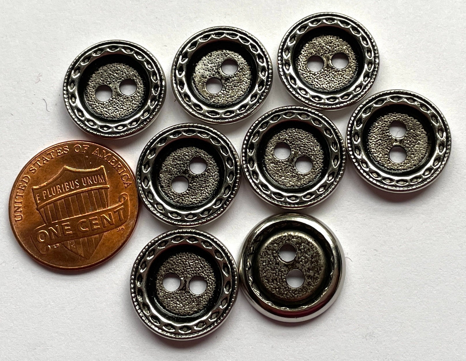 Set of 8 Vintage NOS Antique Silver Tone Metal Hollow Back 2-hole