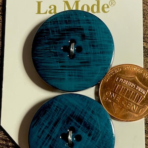 Set of 2 Beautiful Vintage La Mode On Card Glossy Teal Blue 4-hole Sew-through Plastic Buttons 28mm 1&1/8&quot; Made In Italy 16019