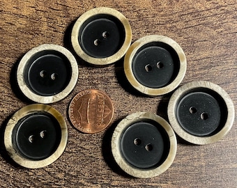 Set of 6 Vintage NOS Glossy Black With Beige & Tan Rim Recessed Center 2-hole Sew-through Plastic Buttons 25.5mm 1" 15910