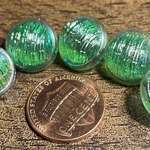Set of 5 Beautiful Vintage Domed Semi-translucent Green Glass Shank Buttons With AB Luster 14mm Almost 9/16&quot; 15322