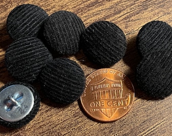 Set of 8 Vintage Domed Black Fabric Covered Shank Buttons Delicate Corduroy Texture Metal Back 15mm Almost 5/8" 14906