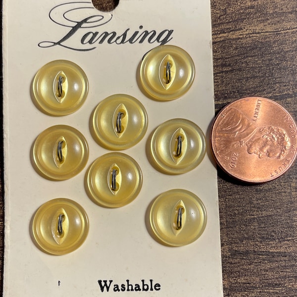 Set of 8 Vintage Pearlized Yellow Cat Eye Plastic 2-hole Sew-through Buttons 12mm Almost 1/2" Lansing Brand 14018