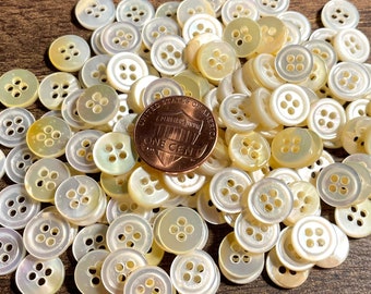 8 Pc Only! Vintage Beautiful Small Tiny Rimmed Iridescent Cream Pale Yellow MOP Natural Shell 4-hole Sew-thru Buttons 10mm 3/8" 12768