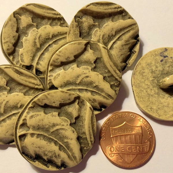 Lot of 6 Large Beige Grey Leaf Design Plastic Shank Buttons 1  1/16" 27mm # 6571