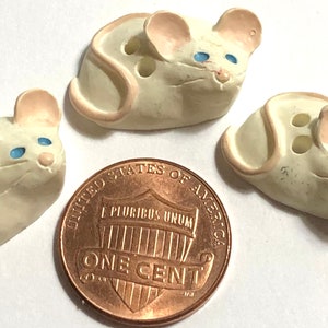 THREE JHB Hand-Painted Resin Off-white Pink Blue Mouse 2-hole Sew-through Buttons 23mm 7/8&quot; Long 12542