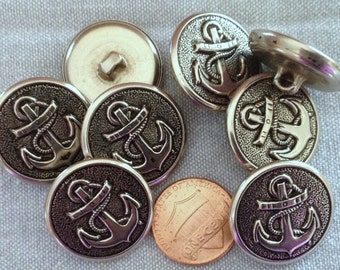 Lot of 8 Antiqued Silver Tone Metal Shank Buttons Anchor Nautical Puffed 7/8" 22.5mm # 7463