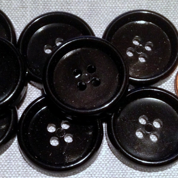 8 Shiny Glossy Rimmed Recessed Center 4-hole Black Plastic Buttons 7/8" 23mm # 7757