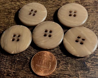Set of 5 Vintage NOS Glossy Taupe 4-hole Sew-through Plastic Buttons 25.5mm 1" 15914