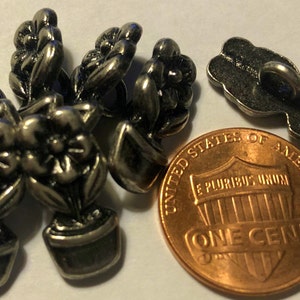 7 Antiqued Silver Tone Metal Shank Buttons Potted Flower Plant 11/16&quot; 18mm Long Made in Italy Lot # 5046