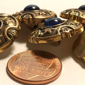 Set of 8 Beautiful Vintage Domed Antique Gold & Sapphire Blue Cabochon Metallized Electroplated Plastic Shank Buttons 21mm 13/16 12594 image 5