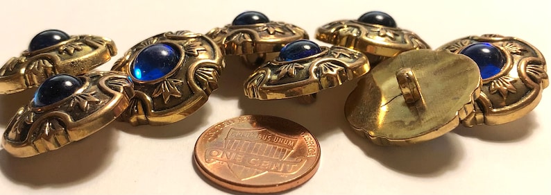 Set of 8 Beautiful Vintage Domed Antique Gold & Sapphire Blue Cabochon Metallized Electroplated Plastic Shank Buttons 21mm 13/16 12594 image 5