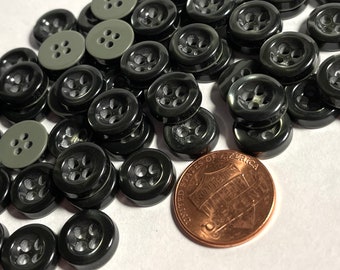 Lot of 12 Small Rimmed Pearlized Dark Charcoal Gray Plastic 4-hole Sew-through Buttons 7/16" 11mm 12936