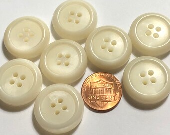 Set of 8 Vintage Thick Sturdy Rimmed Cream 4-hole Sew-through Plastic Buttons 7/8" 23mm 11871