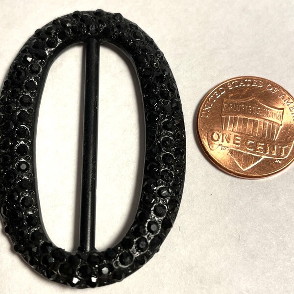 ONE Vintage Oval Black Rhinestone Metal Heavy Buckle Slide Almost 1 1/2" 37.5mm Inside Measurement 13736