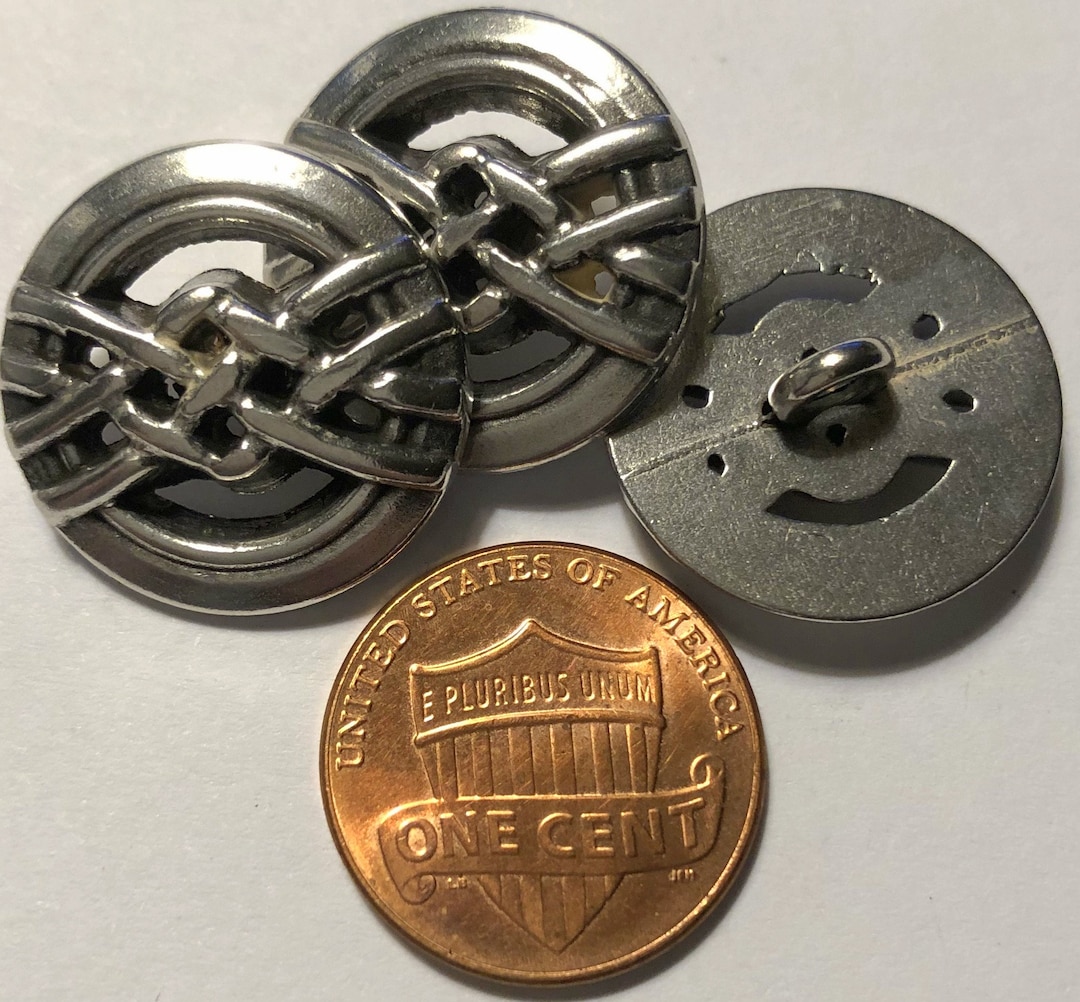 Lot of 3 Slightly Domed Pierced Polished Silver Tone Metal Shank Buttons  Just Over 13/16