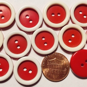 12 Rimmed Glossy Bright Red & Cream Plastic Sew-through 2-hole Buttons Almost 3/4&quot; 18.4mm # 10489