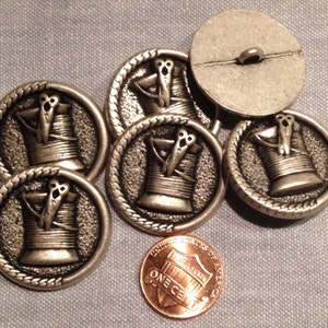 Lot of 6 Large Antiqued Silver Tone Shank Metal Buttons Spool of Thread Scissors 1 1/8&quot; 28mm (#7945)