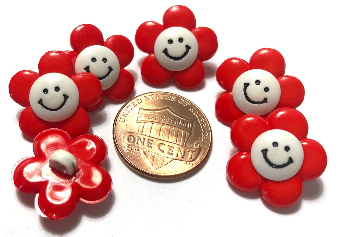 Set of 6 JHB Adorable Glossy Red White Resin Flower Smiley Face